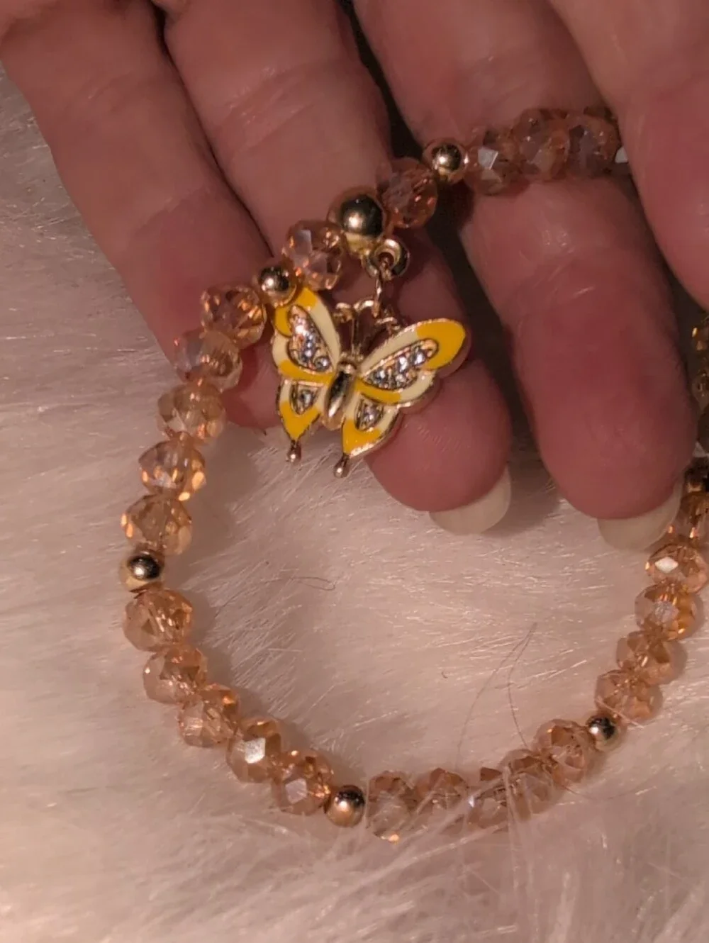 Crystal Bead Stretch Bracelet with Yellow Butterfly Charm
